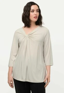 Ulla Popken KNOT FRONT 3/4 SLEEVE V-NECK - Bluzka Z Długim Rękawem - Gray/beige
