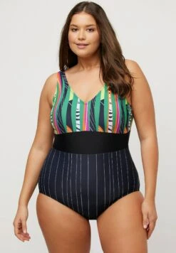 Przód 3 Ulla Popken BUSTE IMPRIMÉ RAYURES BONNETS SOUPLES - Kostium Kąpielowy - Noir