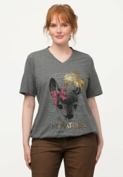 Ulla Popken T-shirt Z Nadrukiem - Gris Chiné