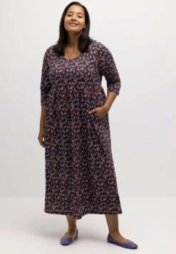 Ulla Popken MIDI, BLUMEN MUSTER, RUNDHALS, 3/4-ÄRMEL - Sukienka Z Dżerseju - Multicolor Schwarz