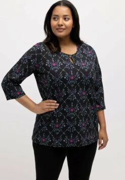 Ulla Popken BLÜTEN RUNDHALS MIT AUSSPARUNG 3/4 ÄRMEL - Bluzka Z Długim Rękawem - Multicolor Schwarz