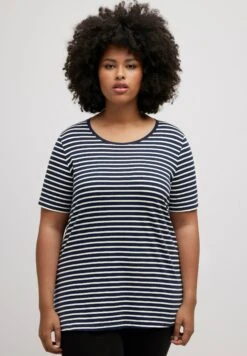 Ulla Popken STRIPE ROUND NECK SHORT SLEEVE - Koszulka Do Spania - Navy Blue Stripe
