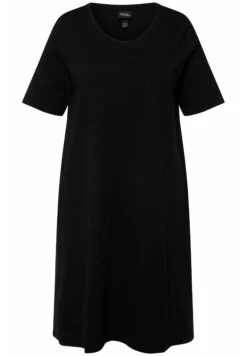 Ulla Popken A-LIJN RONDE HALS KORTE MOUWEN ZAKKEN - Sukienka Z Dżerseju - Zwart -Lindex 72392c281ce74ad7a5dc3083fdc6c154