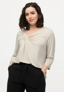 Ulla Popken KNOT FRONT 3/4 SLEEVE V-NECK - Bluzka Z Długim Rękawem - Gray/beige -Lindex 83098db9bc4e4c3886513e8382198d25