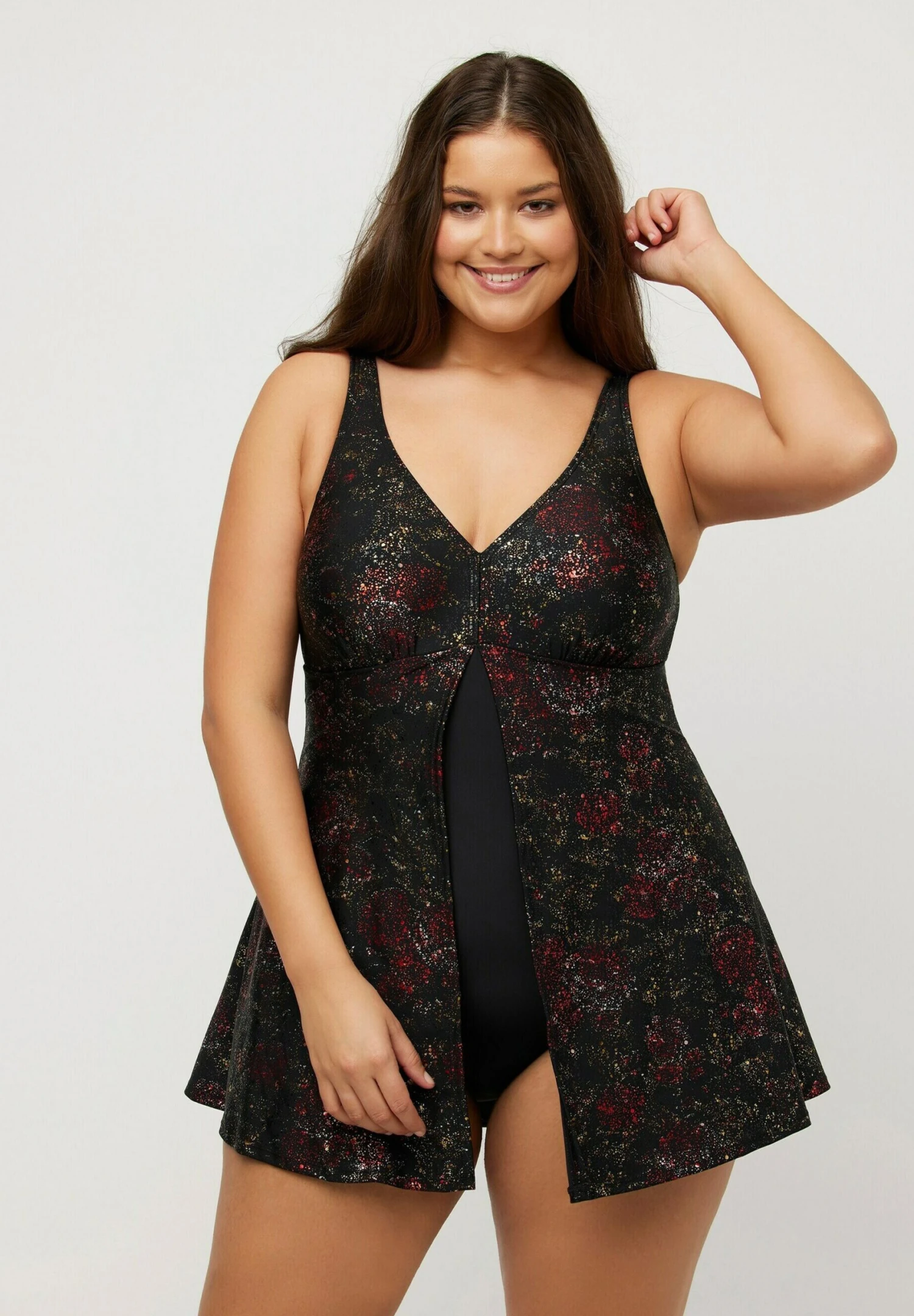 Ulla Popken SHIMMER PRINT SPLIT - Kostium Kąpielowy - Black 4 Ulla Popken SHIMMER PRINT SPLIT - Kostium Kąpielowy - Black - obrazek 2