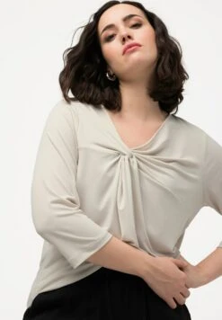 Ulla Popken KNOT FRONT 3/4 SLEEVE V-NECK - Bluzka Z Długim Rękawem - Gray/beige -Lindex 9220627242ce45aab6218f6ea286d562