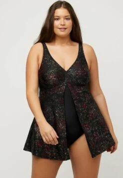 Przód 13 Ulla Popken SHIMMER PRINT SPLIT - Kostium Kąpielowy - Black