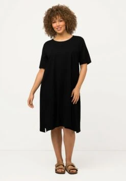 Ulla Popken A-LIJN RONDE HALS KORTE MOUWEN ZAKKEN - Sukienka Z Dżerseju - Zwart