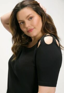 Ulla Popken AUSSCHNITTE A-LINIE V-AUSSCHNITT HALBARM - T-shirt Z Nadrukiem - Schwarz -Lindex c6450e37ac7a40c1b58515c69b66c57d