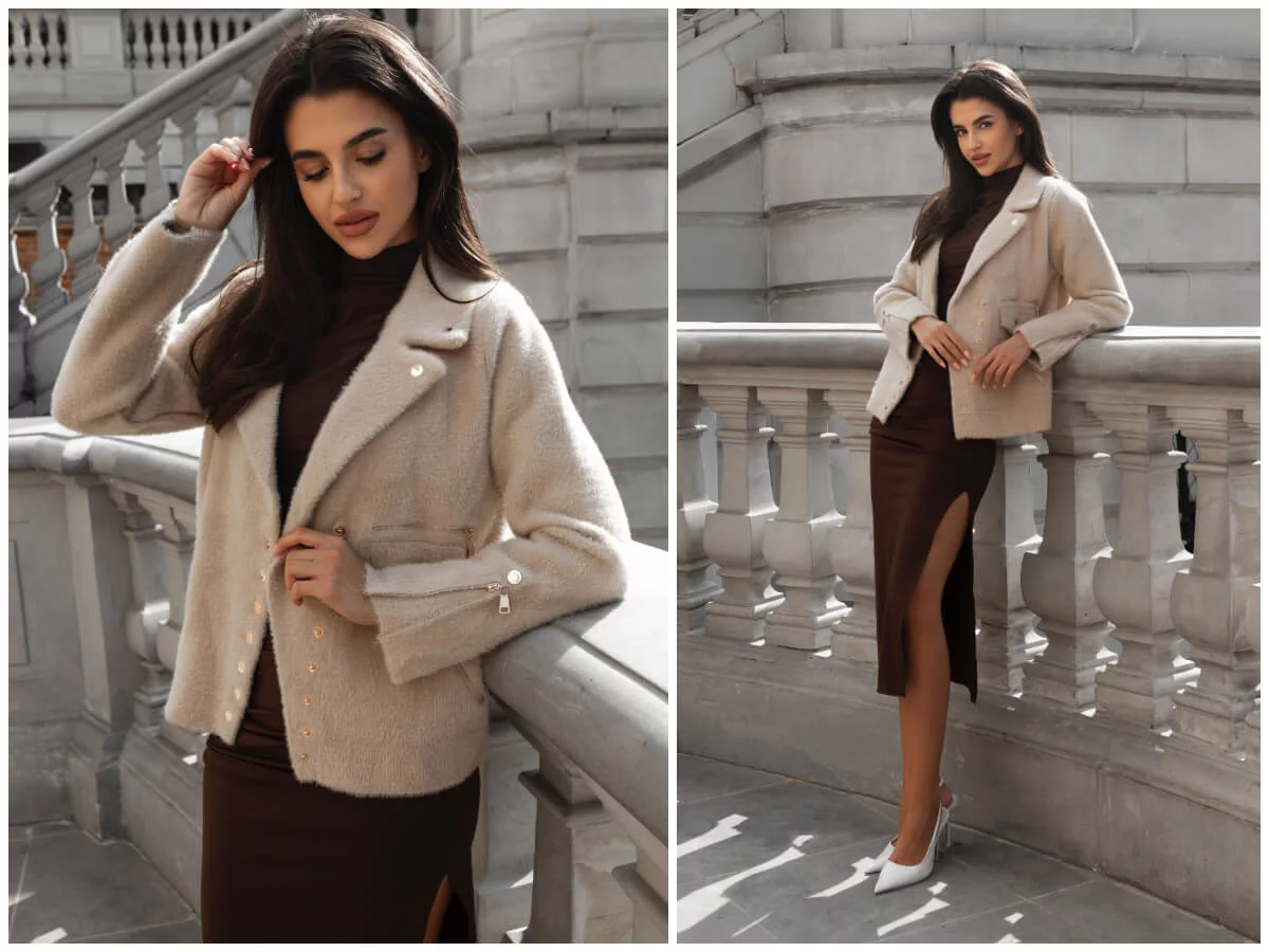 Przód -Lindex Bezowa kurtka damska alpaka o kroju ramoneski